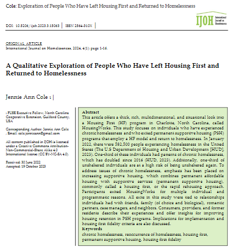 NEW ARTICLE! Available now as open access, online first at: ojs.lib.uwo.ca/index.php/ijoh… Housing First has high success rates but not 100%. So why do some people leave Housing First programs and/or return to homelessness? Jennie Ann Cole explores this with HF participants: