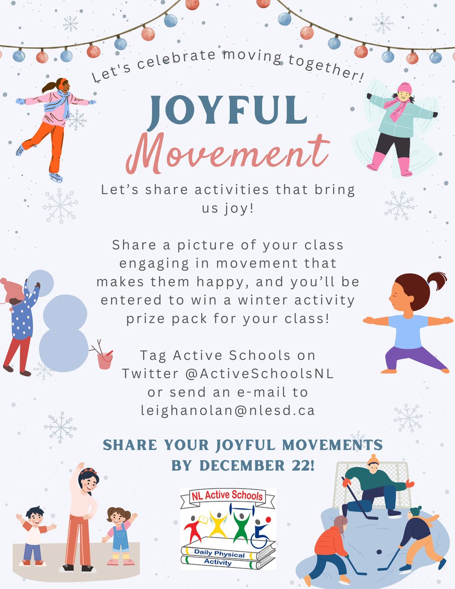 ActiveSchoolsNL (@activeschoolsnl) on Twitter photo Let's share activities that bring us joy! Tag <a href="/ActiveSchoolsNL/">ActiveSchoolsNL</a> in a picture of your class engaging in joyful movement, and you'll be entered to win a winter activity pack for your class! Let's share activities that bring us joy! Tag <a href="/ActiveSchoolsNL/">ActiveSchoolsNL</a> in a picture of your class engaging in joyful movement, and you'll be entered to win a winter activity pack for your class!