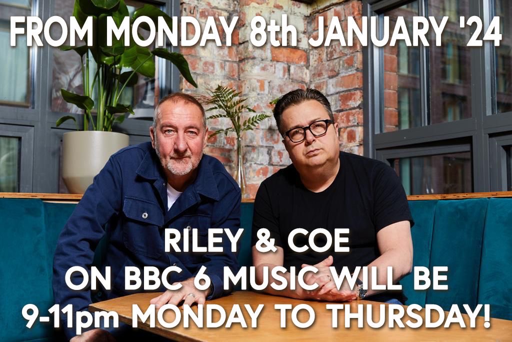 Marc Riley ⚽️🍺🐳 (@marcrileydj) on Twitter photo It’s TRUE. Come 8th January Riley & Coe will start at 9pm and finish at 11. Please RETWEET! Tell your friends. 💥🚀🎸🎹🥁🕺🏼💃🏼⭐️ <a href="/gidcoe/">Gideon Coe</a> It’s TRUE. Come 8th January Riley & Coe will start at 9pm and finish at 11. Please RETWEET! Tell your friends. 💥🚀🎸🎹🥁🕺🏼💃🏼⭐️ <a href="/gidcoe/">Gideon Coe</a>