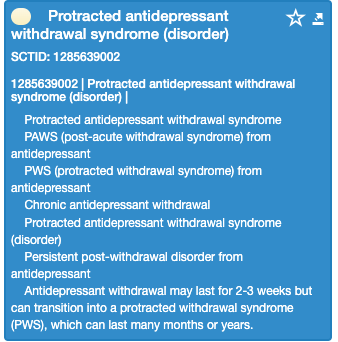 Getting a lot of queries about the new SNOMED code for protracted antidepressant withdrawal, which says the condition can lade for 'many moths or years', link bit.ly/48jFoJL . Seems most doctors reecord it as anxiety or depression.
