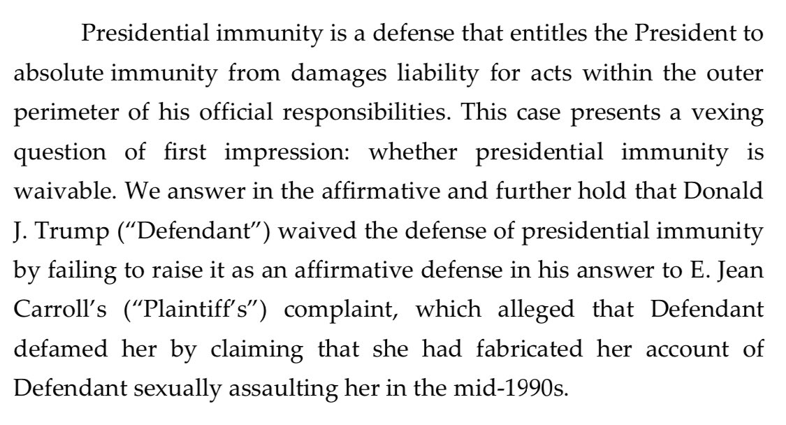 Unanimous 2nd Circuit (Clinton, Obama, Biden) says Trump waived his presidential immunity defense in @ejeancarroll’s defamation case against him ww3.ca2.uscourts.gov/decisions/isys…