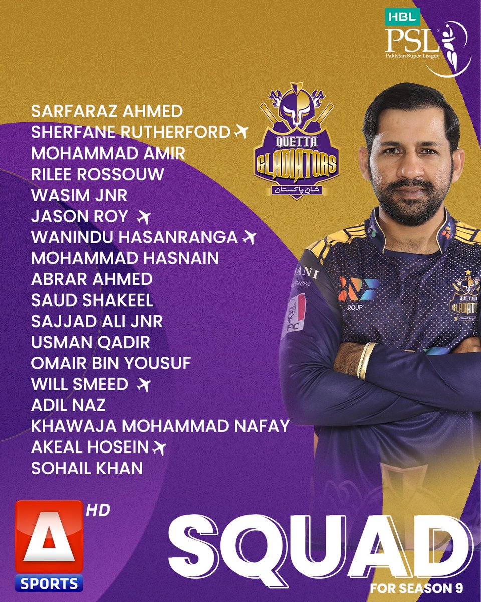 asportstvpk's tweet image. The wait is over as we reveal the squads of #MultanSultans &amp;amp; #QuettaGladiators  for PSL Season 9.  

#HBLPSL9 #HBLPSLDraft