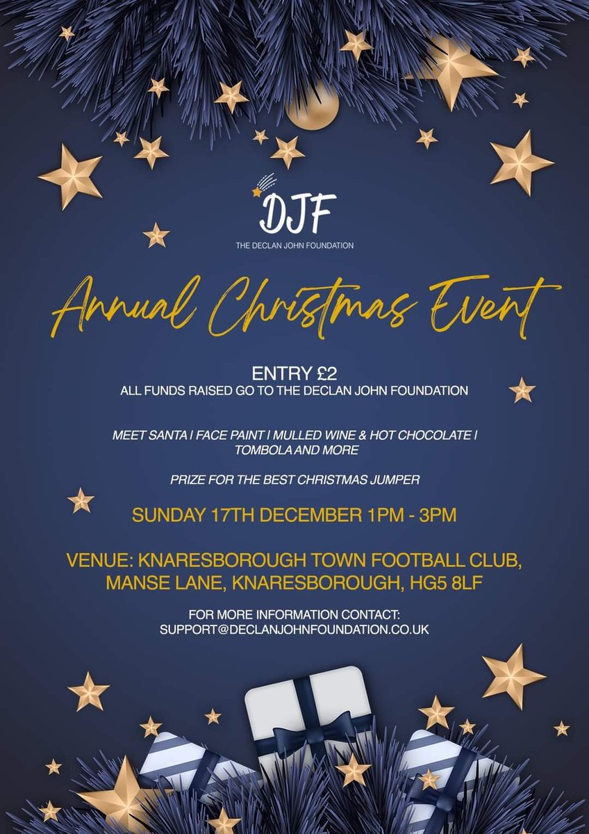 Reminder that this Sunday are we proud to host Declan John Foundation Annual Christmas Event. A fantastic day in store with plenty happening from face painting to tombola and more £2 Entry with things starting at 1pm. Santa is also making a visit to Manse Lane