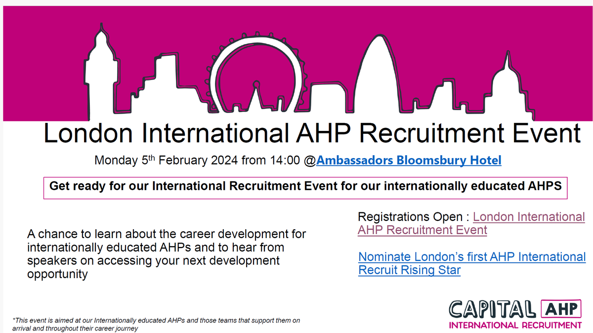 Internationally educated AHPs: 📢 Join us for an exclusive event to learn about career development pathways and hear from experienced speakers who will share their insights and strategies for success 📈events.england.nhs.uk/events/london-…