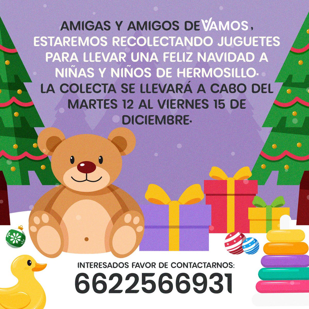 𝐕𝐀𝐌𝐎𝐒 a llevar una feliz navidad a niñas y niños. Estaremos recolectando juguetes de hoy Miércoles hasta el día Viernes 15 de Diciembre.🎄🎁 Interesador favor de hablar al 𝐖𝐡𝐚𝐭𝐬𝐀𝐩𝐩: 📱6622566931 o clic aquí 👉t.ly/Y9cHF ¡𝐌𝐮𝐜𝐡𝐚𝐬 𝐠𝐫𝐚𝐜𝐢𝐚𝐬!