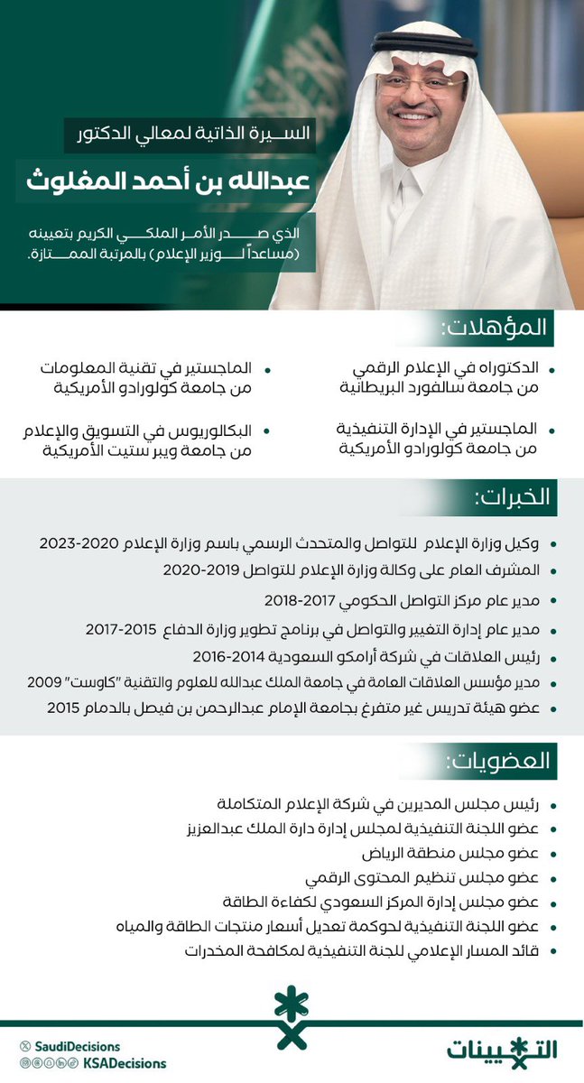 السيرة الذاتية لمعالي الدكتور عبدالله بن أحمد المغلوث الذي صدر الأمر الملكي الكريم بتعيينه (مساعداً لوزير الإعلام) بالمرتبة الممتازة.