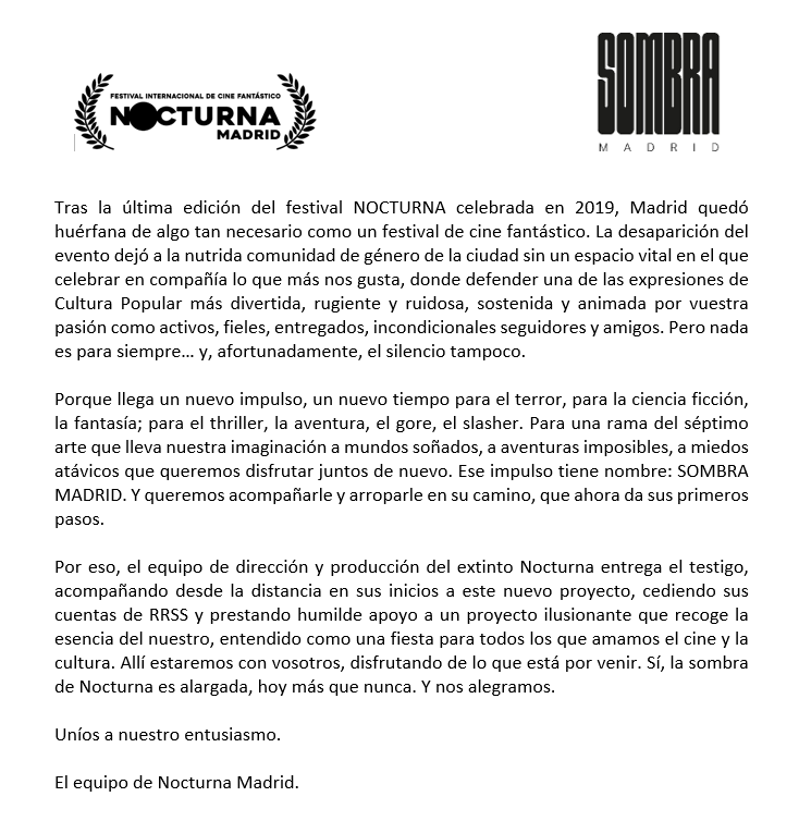 El fantástico cobra nueva vida en la ciudad, y desde Nocturna apoyamos con ilusión esta nueva iniciativa: damos la bienvenida a Sombra Madrid.

#SombraMadrid