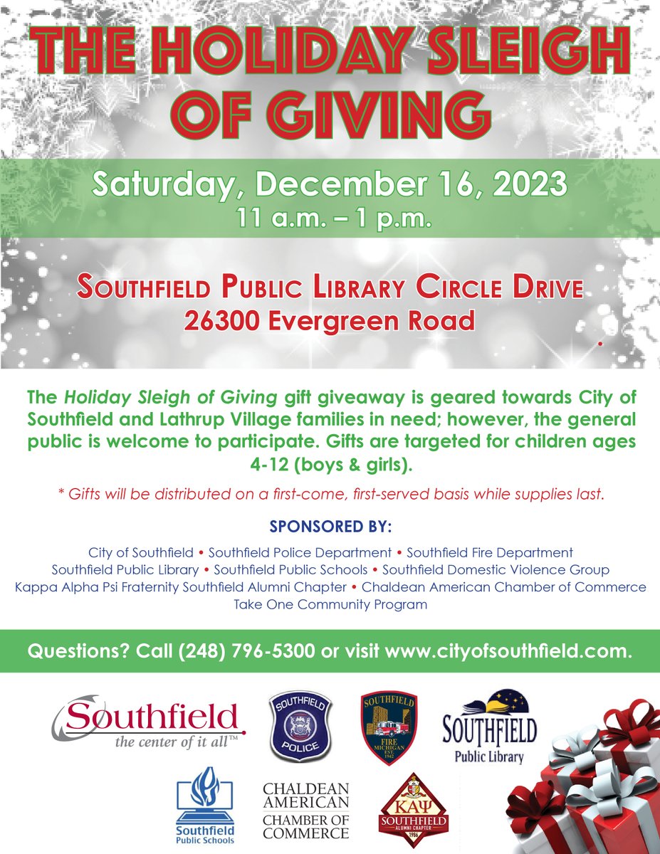 The Southfield Police &amp; Fire Departments, in partnership with several community supporters, will sponsor The Holiday Sleigh of Giving Saturday, December 16 from 11 a.m. – 1 p.m. in the Southfield Public Library Circle Drive.

cityofsouthfield.com/news/city-sout…