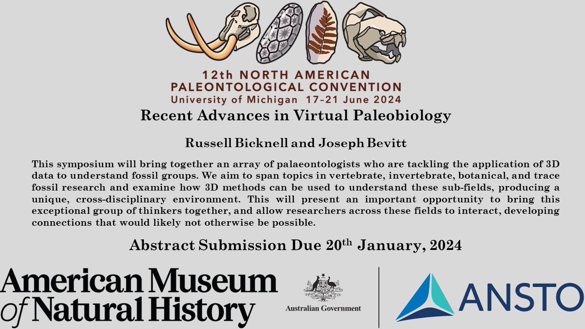 📢 Planning to attend #NAPC2024 next year? Working in virtual #paleontology in any way?

Come join the symposium: 'Recent Advances in Virtual Paleobiology'   

Abstracts due Jan 20, 2024 sites.lsa.umich.edu/napc2024/prepa…

More info below ⬇️