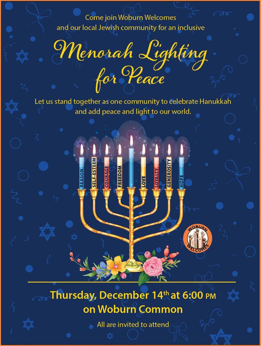 At 6pm tomorrow, join @WoburnWelcomes and our local Jewish community for an inclusive Menorah Lighting for Peace.