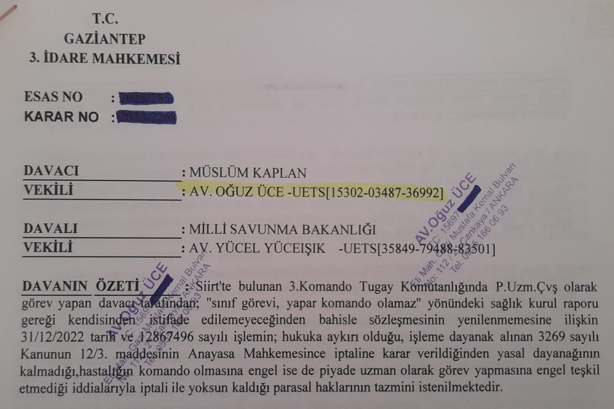 avoguzuce's tweet photo. Komando Olamaz Raporu sebebiyle kendisinden istifade edilemeyeceği gerekçesi öne sürülerek sözleşmesi feshedilen Uzman Çavuş personel hakkında açtığımız davada, sözleşme feshi iptal edilerek, mesleğe dönüş ve yoksun kaldığı özlük haklarının yasal faiziyle ödenmesine karar verilmiştir. 

Personel dava açmasa, atıldığı mesleğine tekrar dönemeyecek idi. Ailesi ve kendisi aylarca mağdur oldu.İşte özlük hakları ve kadro bu nedenle sağlanmalıdır.