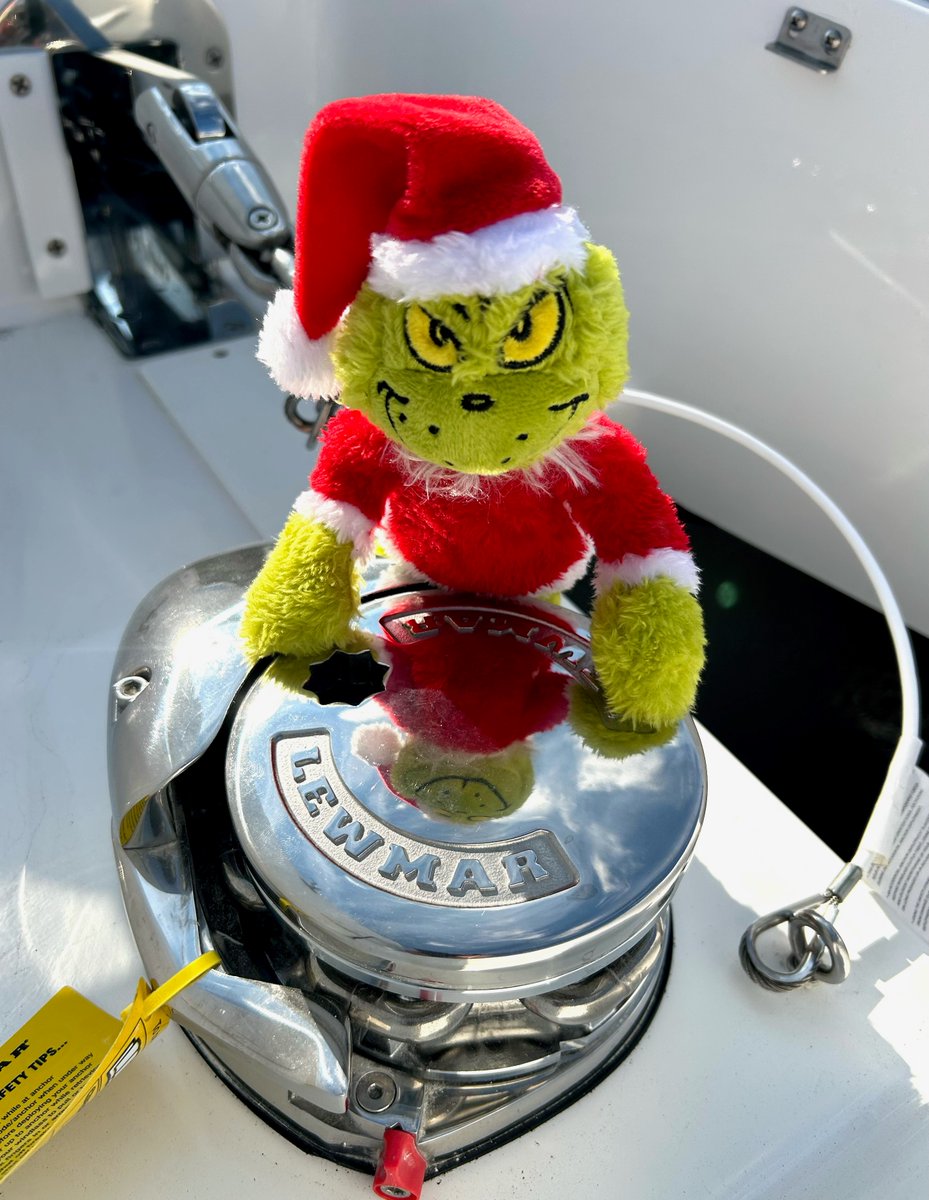 Today the “Grinch on a Winch” finds himself leaning up against an electric Lewmar #windlass #winch aboard a brand new (just delivered) MJM 4, currently sitting in the water at @McMichaelYards. The Grinch is hoping for a sea trial today #grinch #winch #lewmar #mjmyachts @MJMYachts