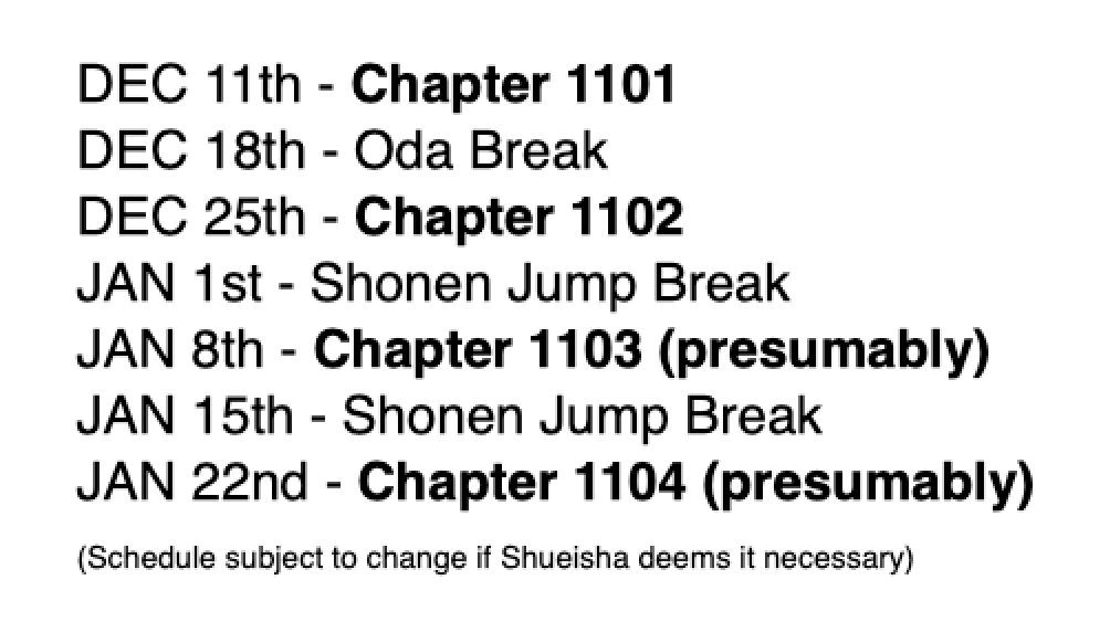 Given the two upcoming Shonen Jump Holiday Breaks, it seems we might be getting biweekly One Piece Chapters for the next month or so