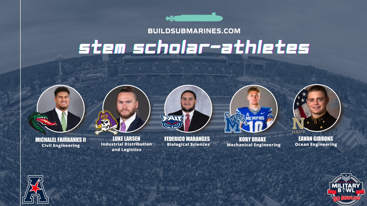 Go Bowling Military Bowl (@militarybowl) on Twitter photo The #MilitaryBowl and <a href="/BuildSubmarines/">Build Submarines</a> are proud to announce the members of the third annual Military Bowl STEM Scholar-Athlete Program, recognizing some of the brightest minds taking the football field!
Take a look at who is being honored from each <a href="/American_Conf/">The American</a> school 👇 The #MilitaryBowl and <a href="/BuildSubmarines/">Build Submarines</a> are proud to announce the members of the third annual Military Bowl STEM Scholar-Athlete Program, recognizing some of the brightest minds taking the football field!
Take a look at who is being honored from each <a href="/American_Conf/">The American</a> school 👇
