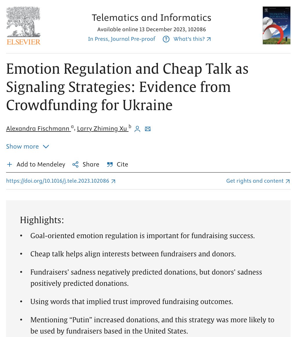 Congrats to Alex Fischmann, an <a href="/NSF/">U.S. National Science Foundation</a> #DataScience REU mentee of mine, on publishing on #crowdfunding for #Ukraine. We found mentioning #Putin significantly enhanced fundraising outcomes, but the strategy was way more likely to be deployed in the US. 
doi.org/10.1016/j.tele…