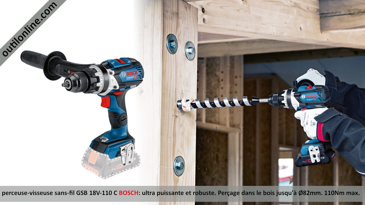 OutilonlineCom's tweet image. #outillage #perceusevisseuse sans-fil GSB18V-110C #BoschPowertools outilonline.com/catalog/perceu… ultra robuste et puissante. Fonction percussion. Moteur commutation électronique. #Perçage #bois jusqu&apos;à 82mm métal et maçonnerie 13mm. Øvis max 12mm #outil idéal #charpentier #electricien