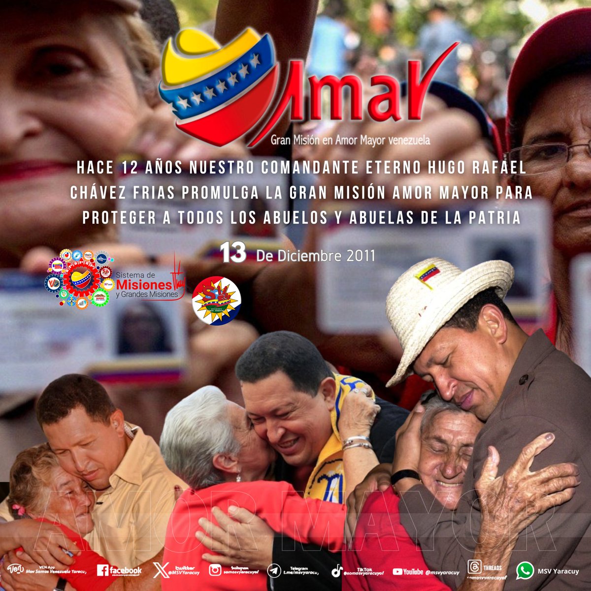 El 13 de diciembre del año 2011 es creado por el presidente Hugo Chávez Frías la Gran Misión Amor Mayor, con el objetivo de dar a las abuelas y abuelos de nuestro país la protección, inclusión y bienestar necesaria para un mejor vivir. #SomosLoAfirmativo @NicolasMaduro