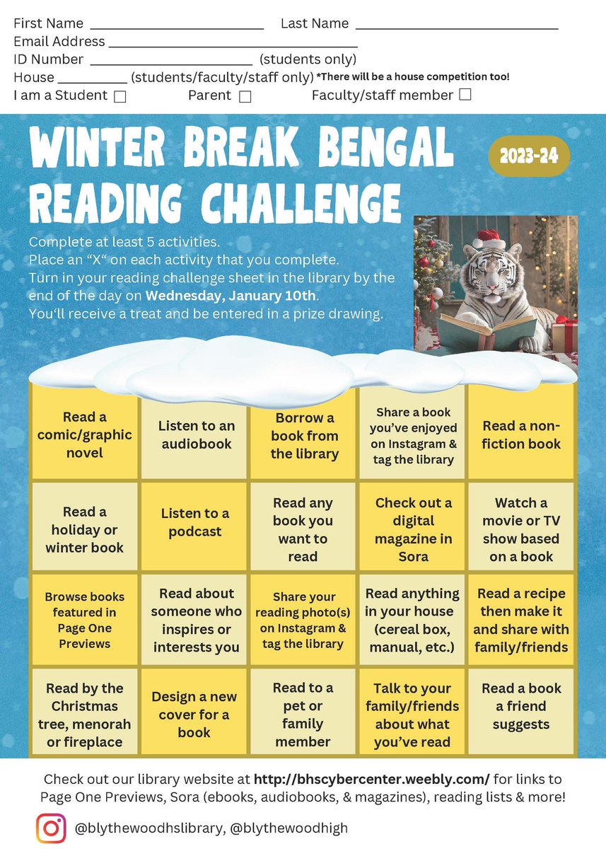 Bengal Reading Challenge starts today for students, parents and faculty/staff! Turn in your Winter Break Bengal Reading Challenge form by Jan. 10th and you could win a prize! More details on our library’s website. bhscybercenter.weebly.com
#BlythewoodHighLibrary