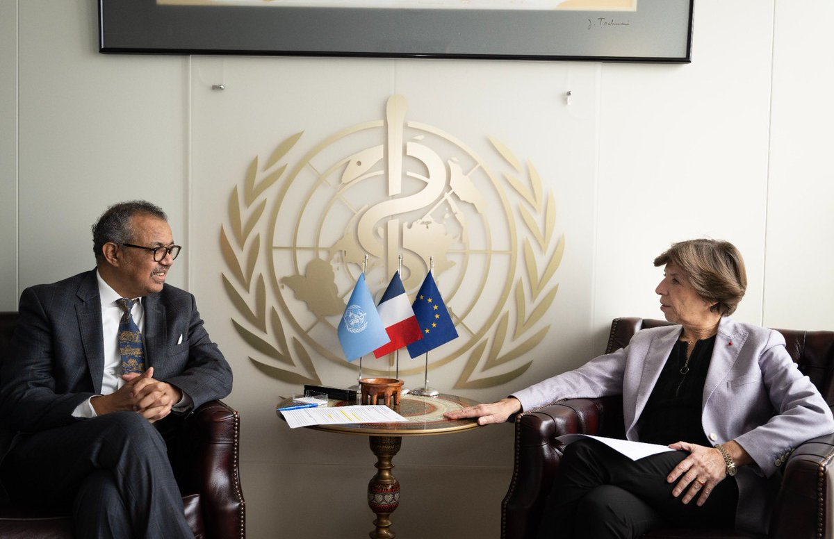 Merci beaucoup for your visit to @WHO, Minister @MinColonna.

We discussed our progress on making the #WHOAcademy fully operational, sustainable financing for WHO, and the ongoing humanitarian catastrophe in #Gaza. We agreed that civilians must be protected.