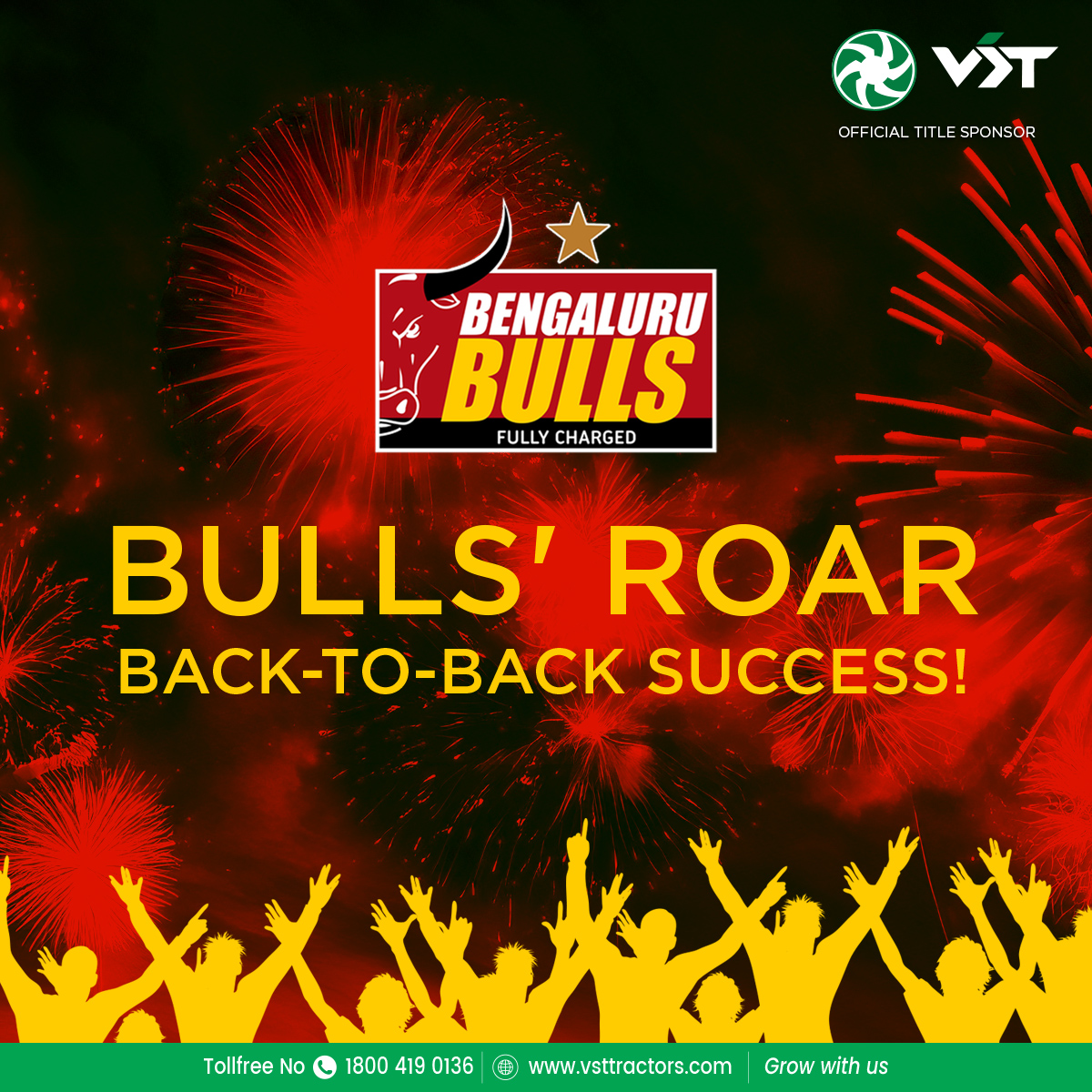 VST_Tillers's tweet photo. Another home win! Thanks to your roars, Bengaluru Bulls triumph again. Your support turns challenges into victories. United, we roar louder! ππ₯
#BullsCharge #HomeTurfHeroes #BengaluruBulls #Kabaddi #FanPower #BullsBack2Back https://t.co/7TrpBacP98