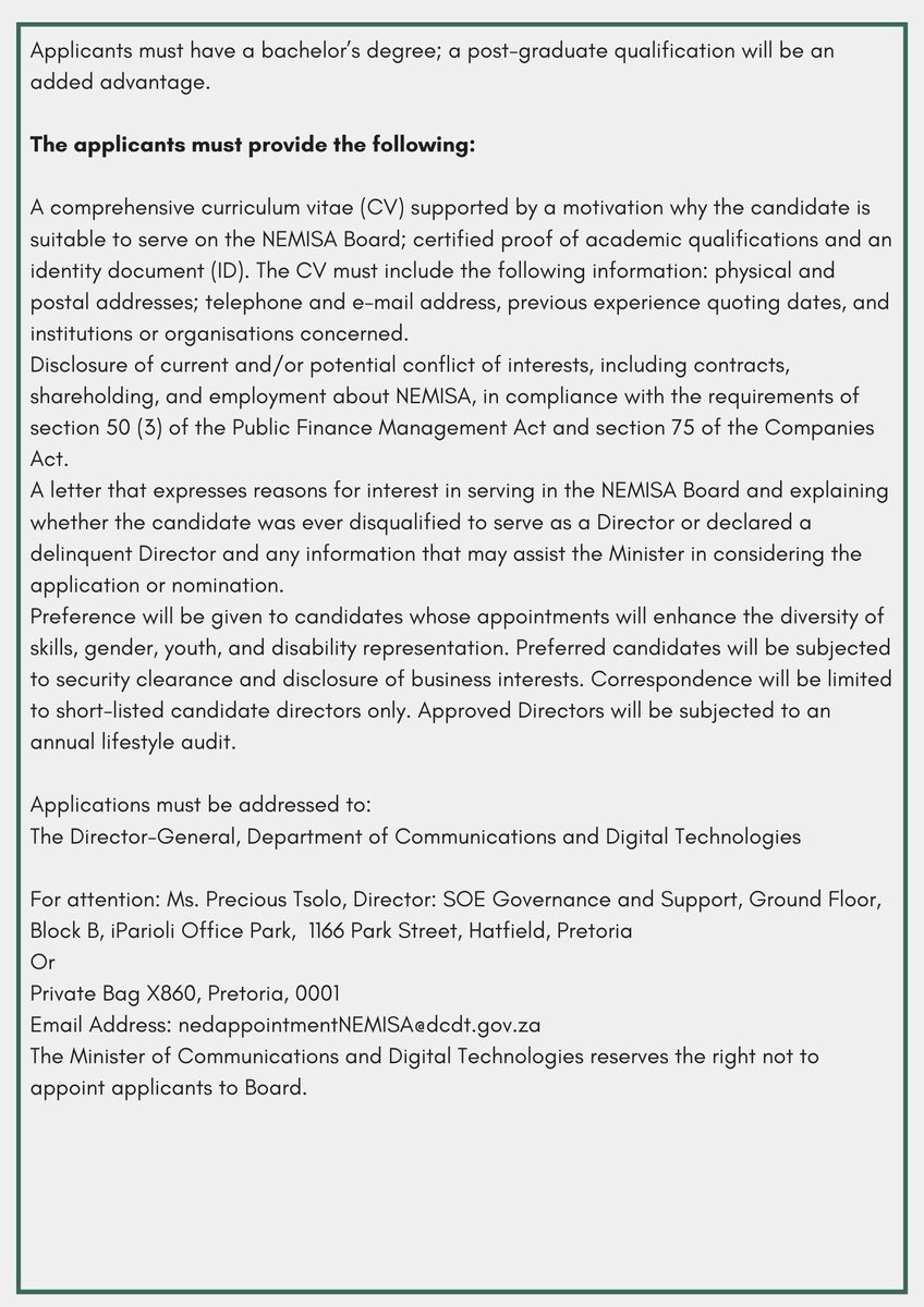 Invitation of Nominations for appointments as Non-Executive Members of the Board of NEMISA