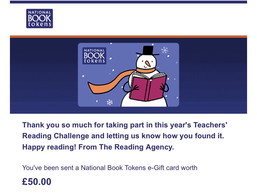 Delighted to have won a £50 book token from @readingagency for completing this year’s Teacher’s Reading Challenge. Thank you! I’m looking forward to some Christmas reading time after getting through a tricky week! #RfP #OURfP