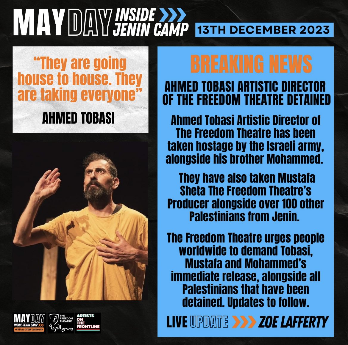 I shared digs in Edinburgh with #AhmedTobasi, while we both performed our solo shows. He’s since been touring that powerful show, whilst also fulfilling his duty as artistic director of @freedom_theatre. I urge everyone, including our UK theatres to demand his immediate release!