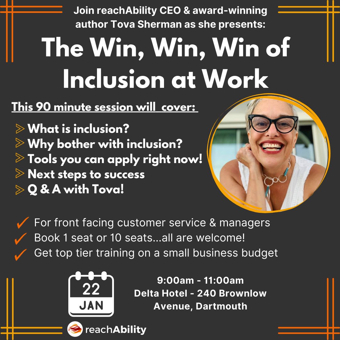 Join us for the first of four presentations on Diversity, Inclusion, and Belonging in the workplace!
 Please click eventbrite.ca/e/the-win-win-… to register for our first session, the Win, Win, Win of Inclusion at Work.

Want to learn more? Please visit reachability.org/dice/