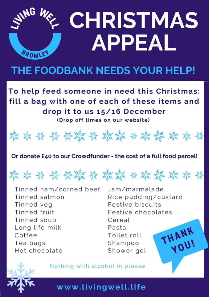 If you are able to, please help to feed someone in need this Xmas by dropping a food bag off to Living Well's Christmas appeal this Friday and Saturday 🎅🏻❤️