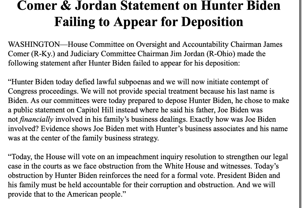 Jordan, Comer release joint statement on Hunter Biden's public statement/failure to appear for closed-door deposition. 'We will now initiate contempt of Congress proceedings'