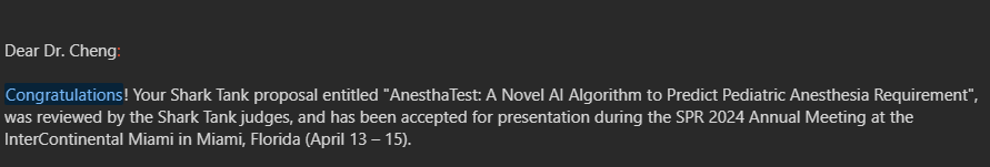 Excited to present our accepted proposal for 'AnesthaTest' at the @SocPedRad #SPR2024 #SharkTank ! Congrats to @UCSFimaging collaborators @ucsfpedrad @UCSF_Ci2 @Mochi_Cheng @MonganMD @YiLiMD ! #pedsradiology