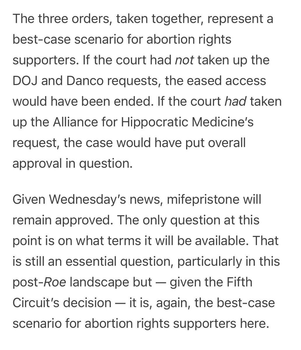 This important context for the Supreme Court’s orders in the mifepristone cases must be kept in mind. I explain at Law Dork: lawdork.com/p/breaking-sup…