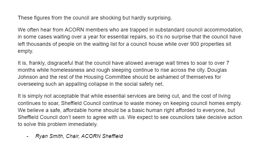 '@DouglasJSheff and the rest of the Housing Committee should be ashamed of themselves' ACORN Sheffield's full statement on the appalling news about empty council homes: