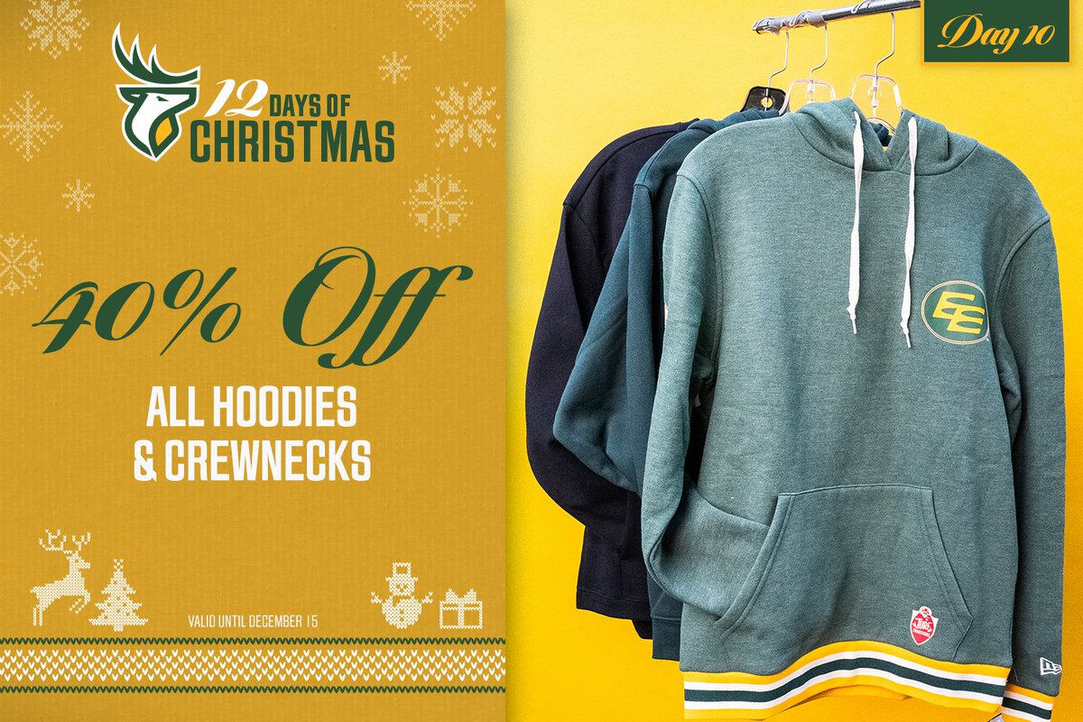 Day 10 of 12 🎁 40% OFF HOODIES & CREWS | shop.goelks.com/collections/me… #OurTeamOurCity #GoElks #CFL #12DaysofChristmas