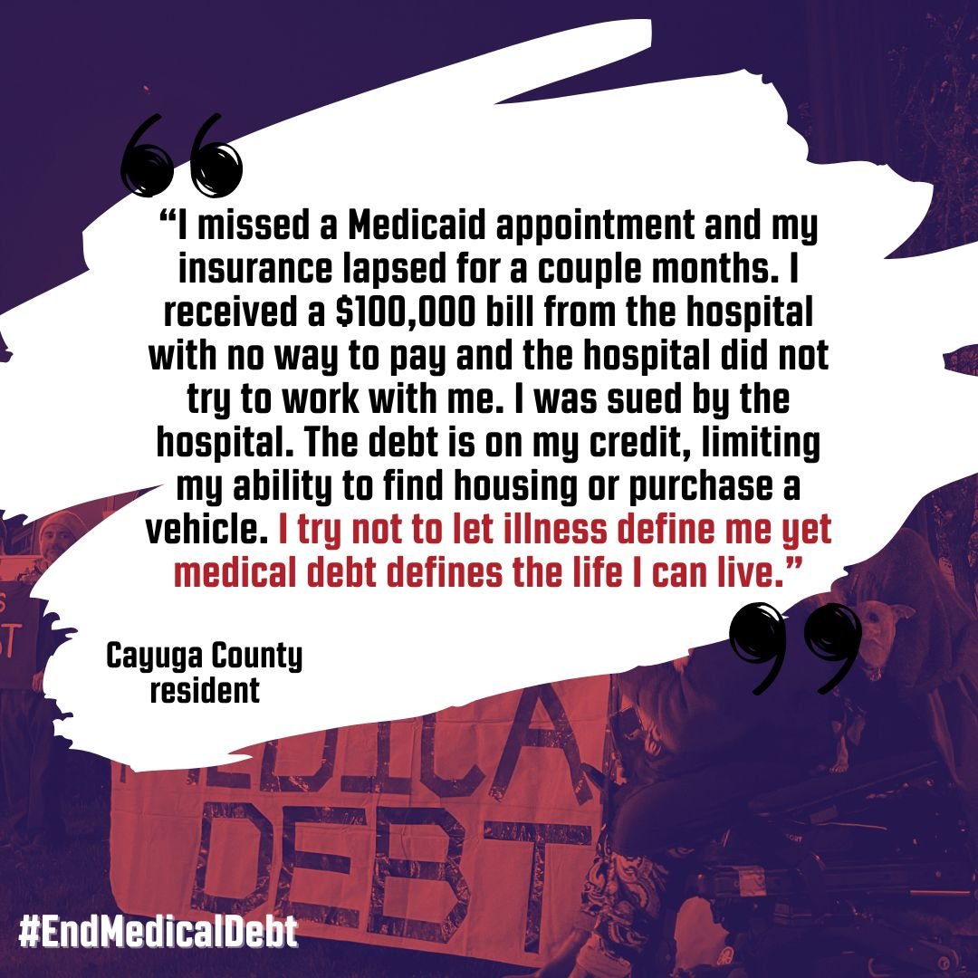 😱Since 2015 NY hospitals have sued 75,000+ patients even though the law *requires* they offer financial assistance. Patients in rural communities like Cayuga County are especially impacted. #EndMedicalDebt Put patients over profits. #MedicalDebtMonday