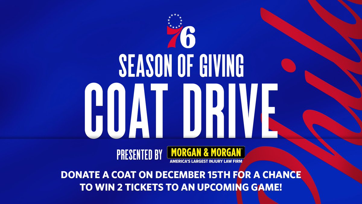 SIXERS STRONG (@sixersstrong) on Twitter photo 🚨THIS FRIDAY 🚨
Bring a new or gently used coat to the <a href="/sixers/">Philadelphia 76ers</a> game on December 15th for a chance to win tickets to a future game. Give warmth and make a difference with <a href="/forthepeople/">Morgan & Morgan</a> this holiday season. 🚨THIS FRIDAY 🚨
Bring a new or gently used coat to the <a href="/sixers/">Philadelphia 76ers</a> game on December 15th for a chance to win tickets to a future game. Give warmth and make a difference with <a href="/forthepeople/">Morgan & Morgan</a> this holiday season.