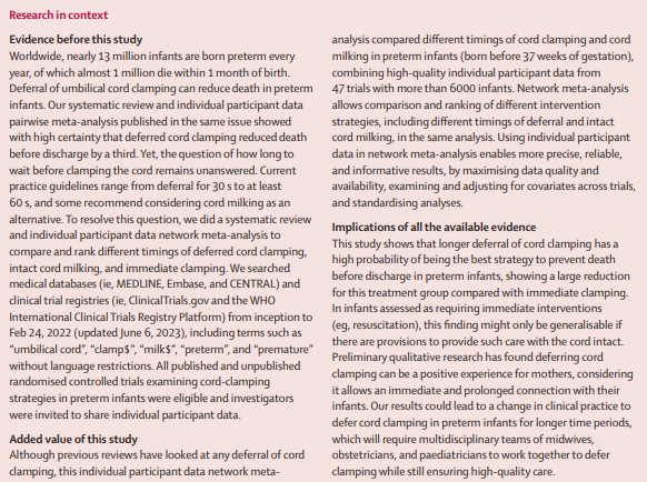 Deferred clamping of umbilical cord reduces risk of death in premature babies by at least a third, suggest two studies. First article ➡️ hubs.li/Q02cXbYN0 Second article ➡️ hubs.li/Q02cX8Tf0