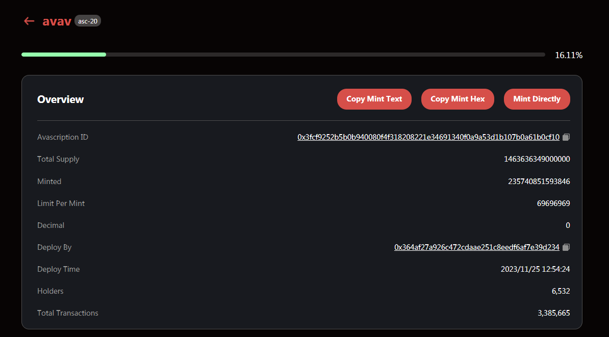 $avav  雪崩链铭文

总量2100W张  单张69696969枚

目前进度16%  打点防身

官网：avascriptions.com/token/detail?t…

ok批量工具：okx.com/id/web3/hot/in…

批量工具：web3polaris.xyz

Plain Text：data:,{"p":"asc-20","op":"mint","tick":"avav","amt":"69696969"} 

#ARC20 #asct #avax #avav