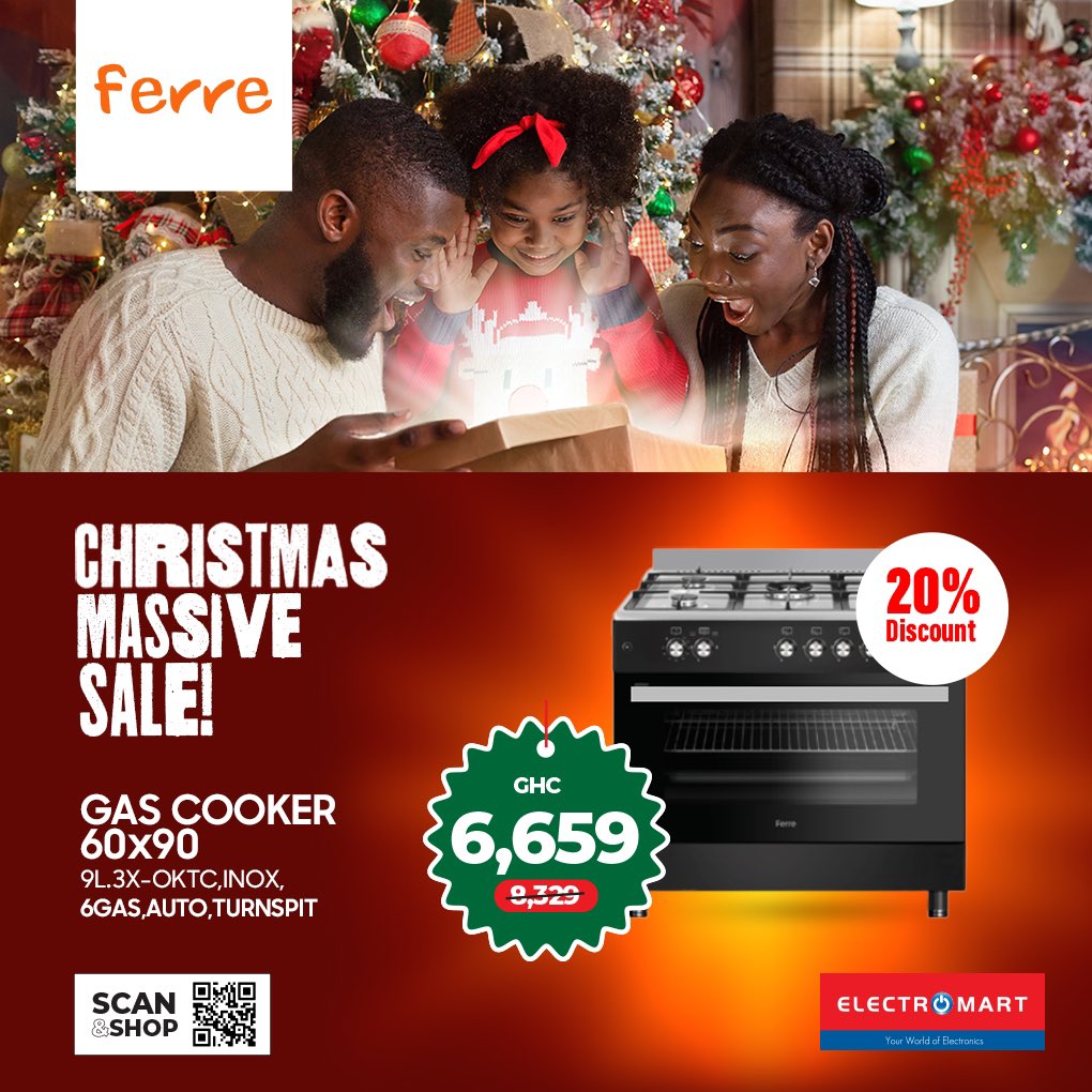 Eli360_tn's tweet photo. Unwraps savings with Ferre! 🔥🔥
Our Christmas gift to you: discounted Gas Cookers for a holiday kitchen upgrade 😍😍

☎️Hotlines: 0552755456 / 0552777905 
📧 Order Online: https://t.co/2zNITnooP7
 
#ferre #ElectromartExclusive #TechRevolution #ElectromartPromo #GhanaTech https://t.co/A39tMwyjzL