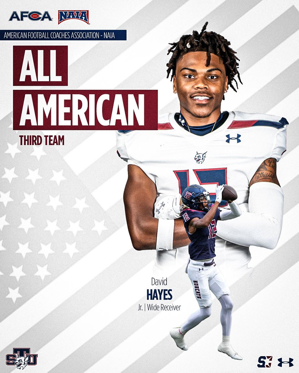 ⭐️ 𝐀𝐋𝐋-𝐀𝐌𝐄𝐑𝐈𝐂𝐀𝐍 𝐀𝐋𝐄𝐑𝐓 ⭐️ David Hayes wins his first career All-American honor, the first receiver to do so for the program. #RaiseTheStandard // #STUFootball