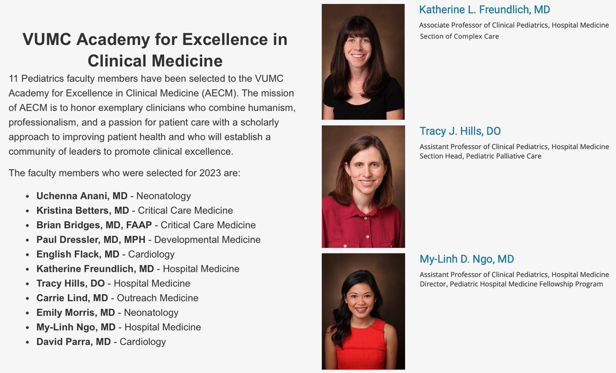 Congratulations to several @VUMCChildrenPHM division members on their recent induction into the VUMC Academy for Excellence in Clinical Medicine!! And congrats to all our Dept of Peds colleagues! It’s an honor to work alongside so many stellar clinicians ❤️