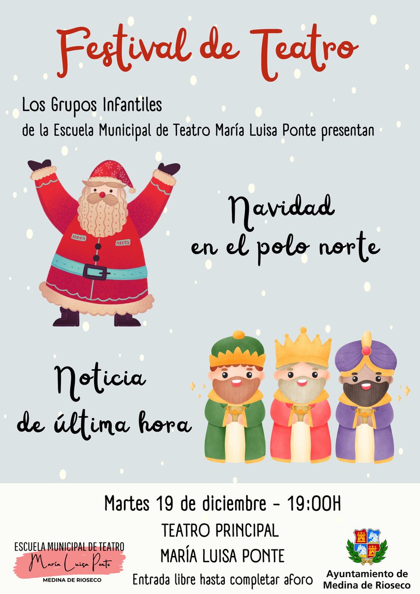 🎄Los grupos infantiles de la Escuela Municipal MªLuisa Ponte presentan 'Navidad en el polo norte' y 'Noticia de última hora'.

🗓️Martes 19 dic
🕛19:00 horas
📍Teatro Principal

#CiudadEuropeadelaNavidad
#CiudadAmigadelaInfancia