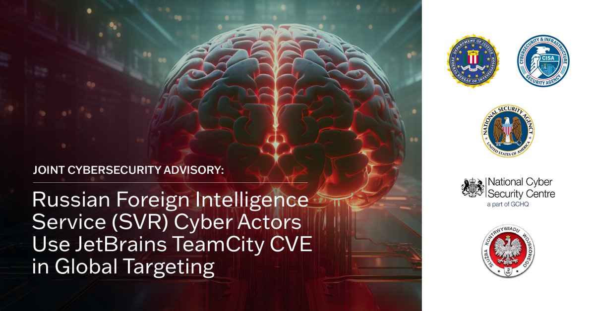 Organizations with JetBrains TeamCity software are urged to read the new advisory we published with US and Polish partners. Russian SVR cyber actors are using CVE-2023-42793 to exploit servers using this software. go.dhs.gov/ovW