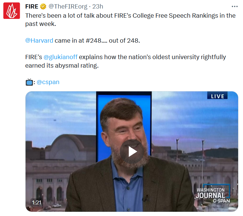 FIRE representatives made lots of TV appearances this week, making broad claims about 'free speech' on college campuses *instead* of the McCarthyist tactics in congressional hearings with three Ivy League presidents. Why? Let's dive in. 🧵 1/12