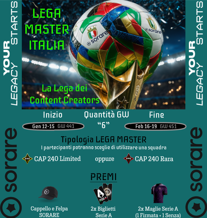 Vuoi sfidare i tuoi #ContentCreators preferiti?
Lascia un commento col tuo NICKNAME <a href="/Sorare/">Sorare</a> + #LegaMasterItalia

Il 25/12 verranno scelti 2 manager fra i commenti per partecipare alla LEGA!

Per partecipare lascia RETWEET, LIKE e FOLLOW a me e agli account del prossimo post!