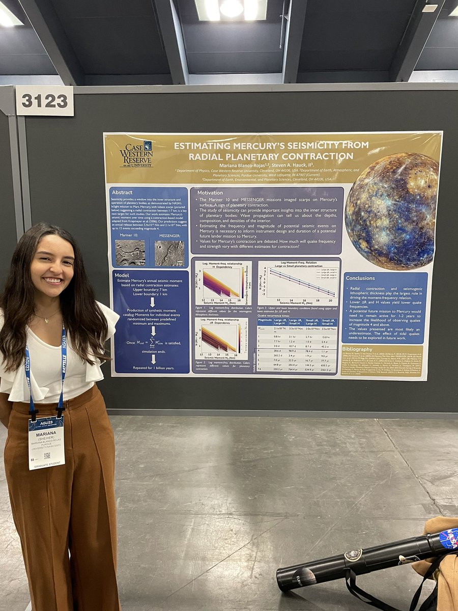 If you’re at #AGU23, check out my @PurdueEAPS grad student Mariana Blanco-Rojas’ poster on her excellent undergrad research estimating Mercury’s seismicity from planetary cooling!