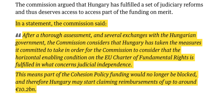 😭 @EU_Commission unfreezes €10bn to Orban’s kleptocracy, pretending HU suddenly has independent courts & respects rights. A betrayal of 🇭🇺civil society/🇪🇺taxpayers. @vonderleyen could’ve let @EUCouncil own this, but she does now. Will @Europarl_EN deem her fit for a 2nd term?