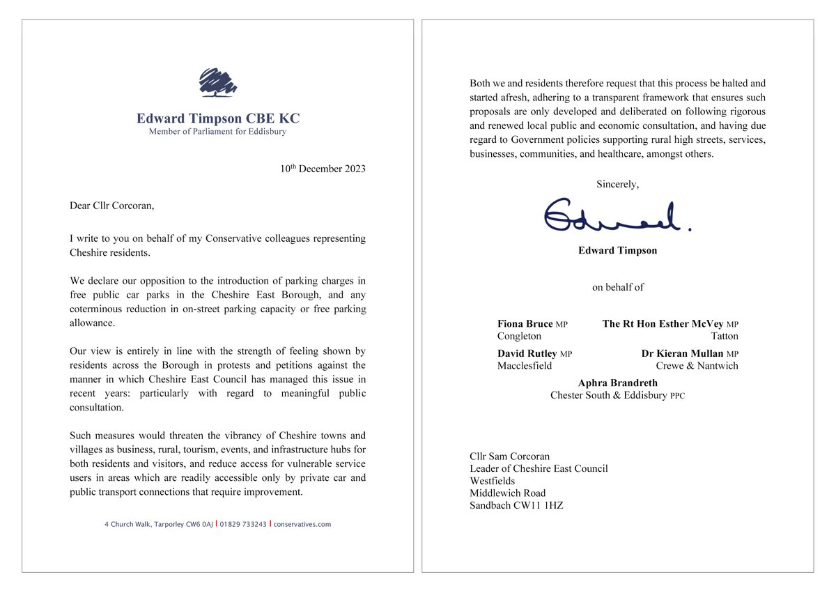 [2/2] I also wrote on behalf of all Cheshire Conservative MPs to Cheshire East Council Leader, Sam Corcoran, to bolster that opposition, and encourage him to reconsider his approach on his side of the County, for the benefit of his residents. Read the letter below!