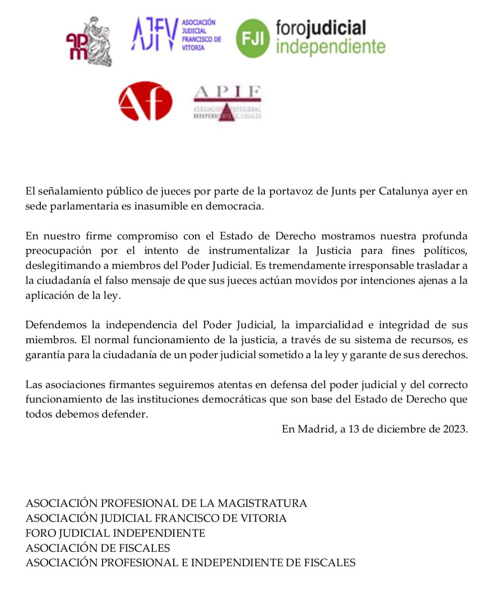 🔴Comunicado conjunto de la mayoría de las asociaciones judiciales y fiscales

👉El señalamiento público de jueces por parte de la portavoz de Junts per Catalunya este martes, en sede parlamentaria, es inasumible en democracia 

👇👇👇