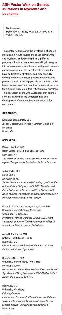 We will be starting the #ASH23 virtual poster walk on 'Genetic mutations in Myeloma and Leukemia' in 15 minutes.

Come join us via #ASH23 virtual platform page!